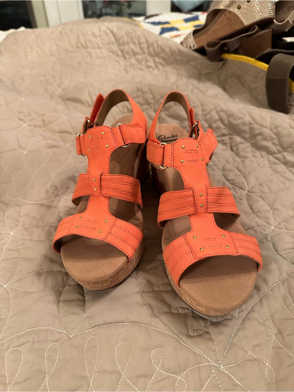 Clarks Orange Suede Wedge Sandals with Gold Studs